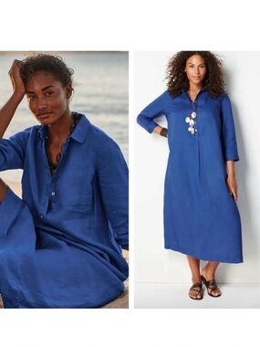 J. JILL 100% Linen Midi Shirt Dress Amalfi Coast Blue collared button pullover